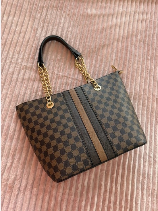 Montana West Handbags - Montana West Classic Brown Patterned Tote Bag with Gold Chain Handles
